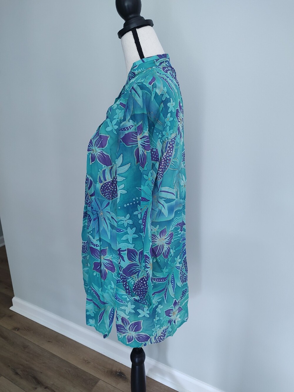 Boo Gems Tunic Top Green Purple Gold Floral Cotton Silk V-Neck Size L - Picture 5 of 12